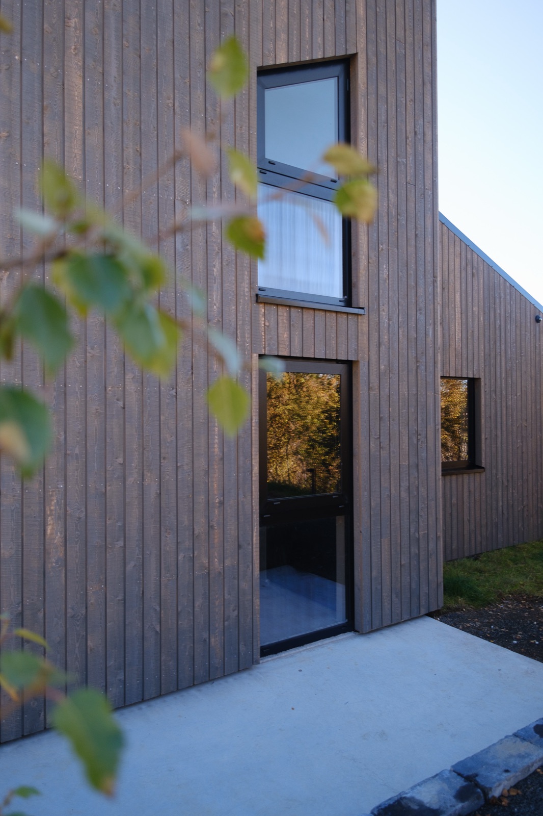 The dark timber exterior of the house at Lundskógur framed by autumn birch leaves.