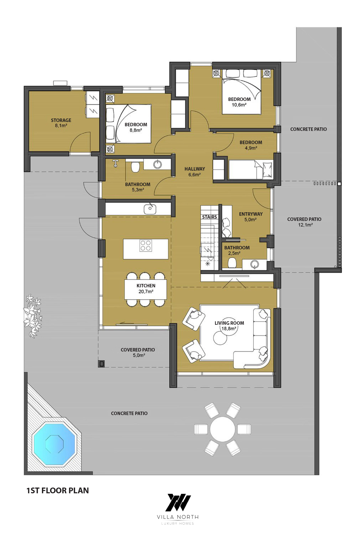 Ground-floor plan of the house at Lundskógur, labelled with room names and floor areas.