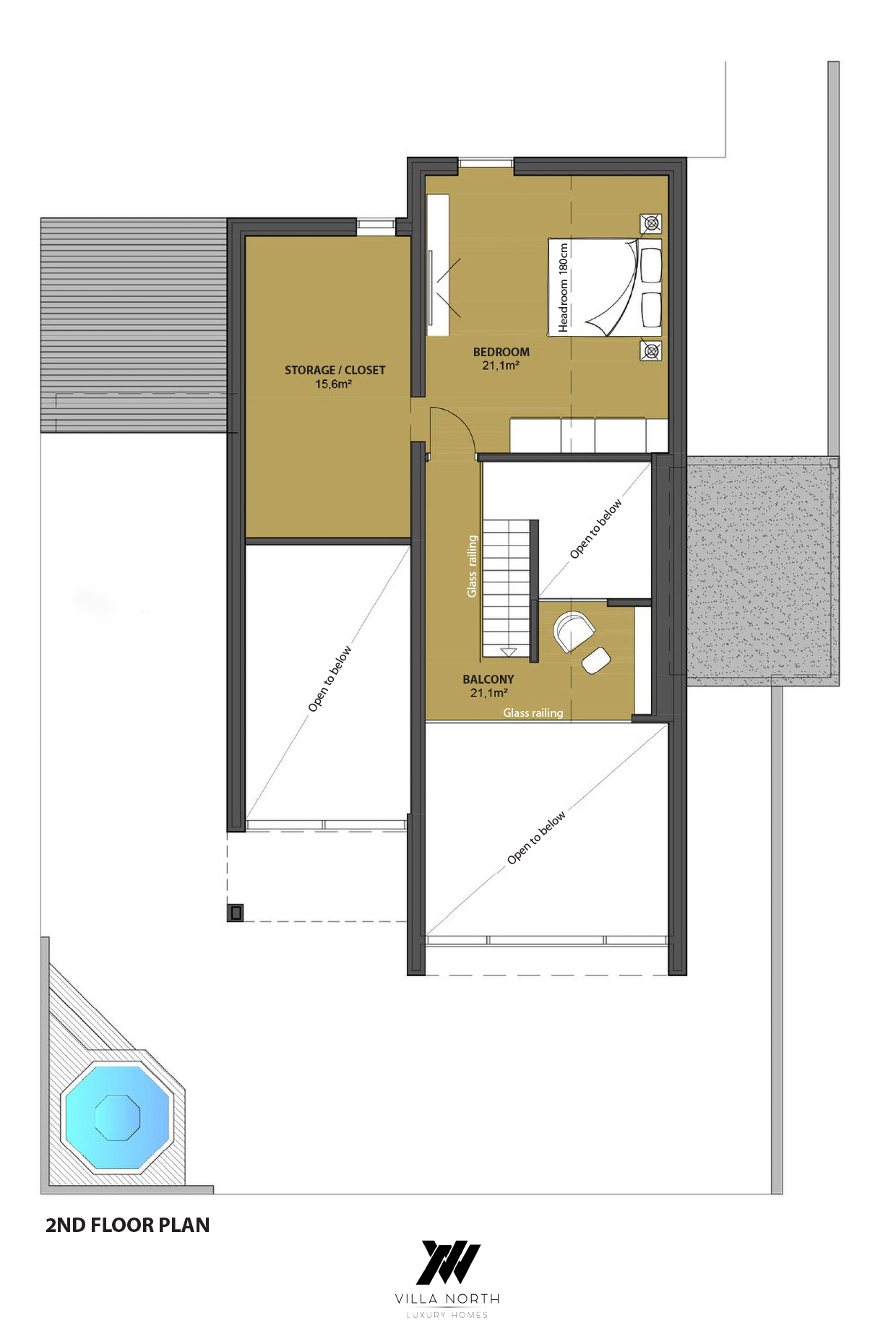 Upper-floor plan of the house at Lundskógur, showing the bedroom, side room, storage and balcony.