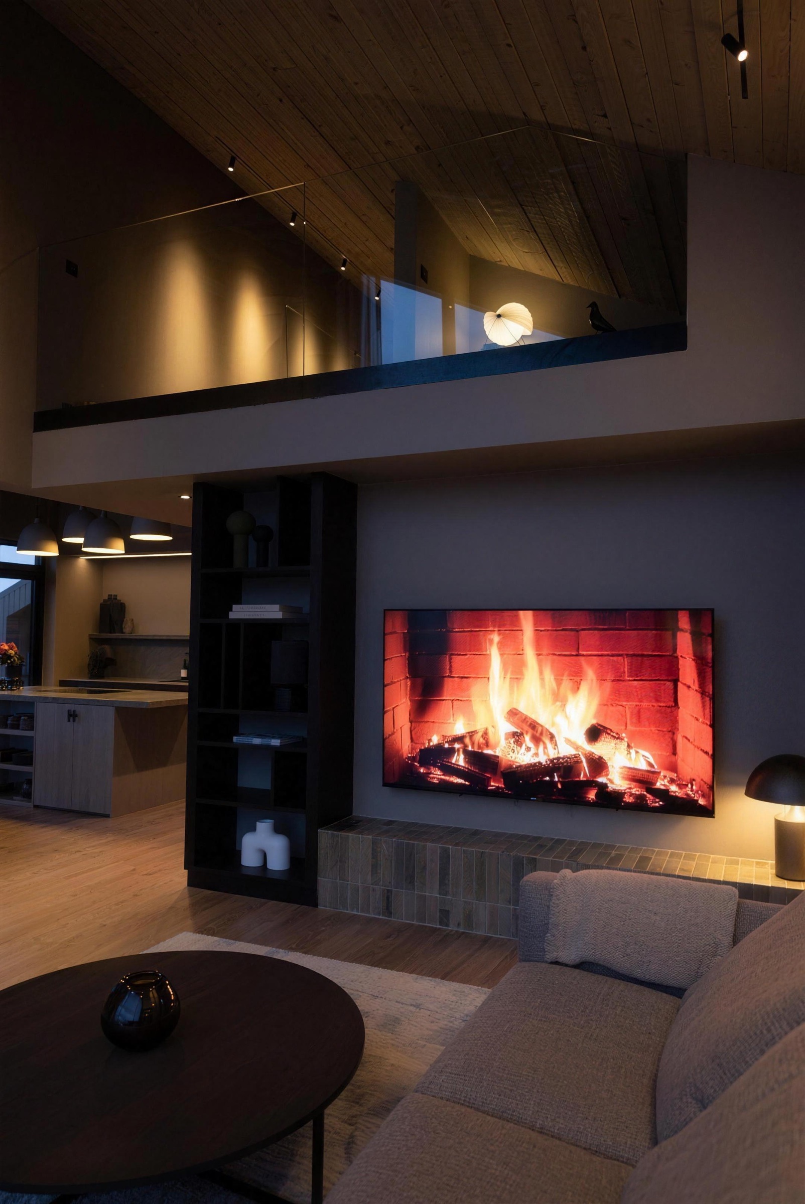 The living area in the evening, with the kitchen alongside and a fireplace image on the TV.